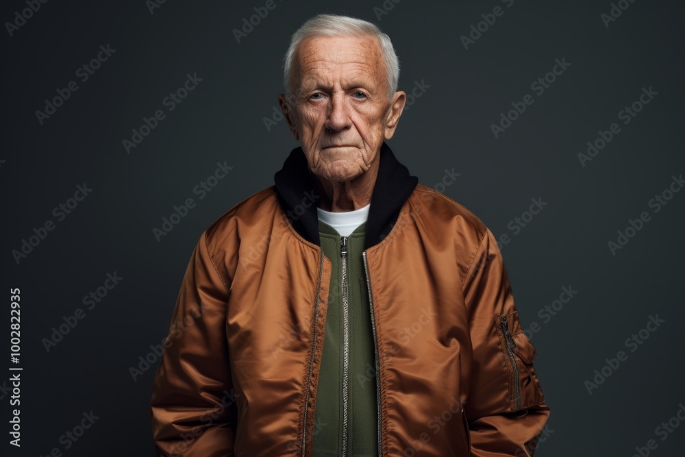 Portrait of a tender elderly man in his 90s wearing a trendy bomber jacket over plain white digital canvas Portrait of a tender elderly man in his 90s wearing a trendy bomber jacket over plain white digital canvas