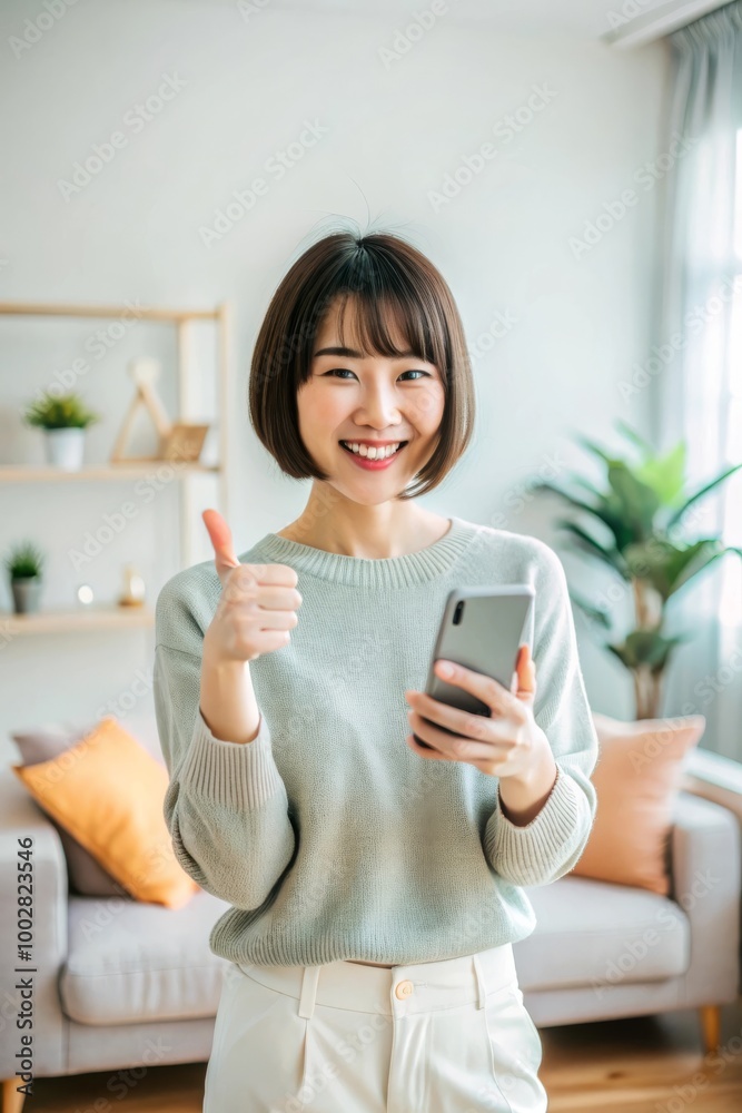  Woman Using a Smartphone with an OK Pose, Smiling Happily