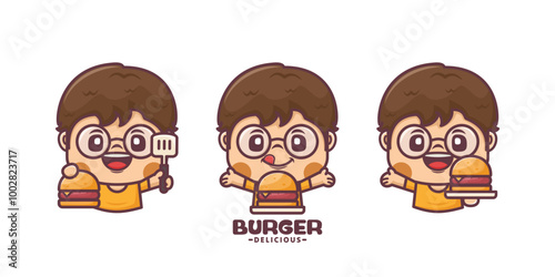 set of cute boy with burger cartoon character design