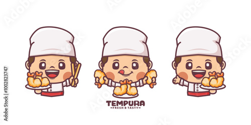 set of chef with japanese food tempura cartoon character design