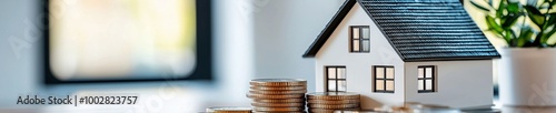 Miniature house and stacked coins symbolize home improvement loans and financial growth. photo