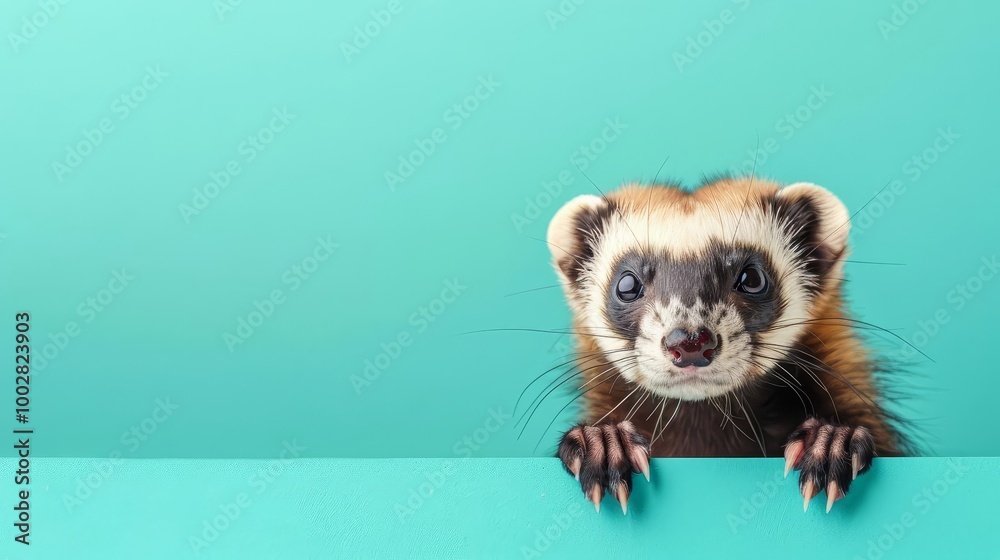 Fototapeta premium Cute ferret peeking over a blue background.
