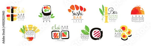 Sushi Bar Logo Design with Japanese Food Vector Set