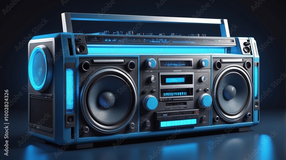 Obraz premium Blue Retro Boombox with Glowing Lights