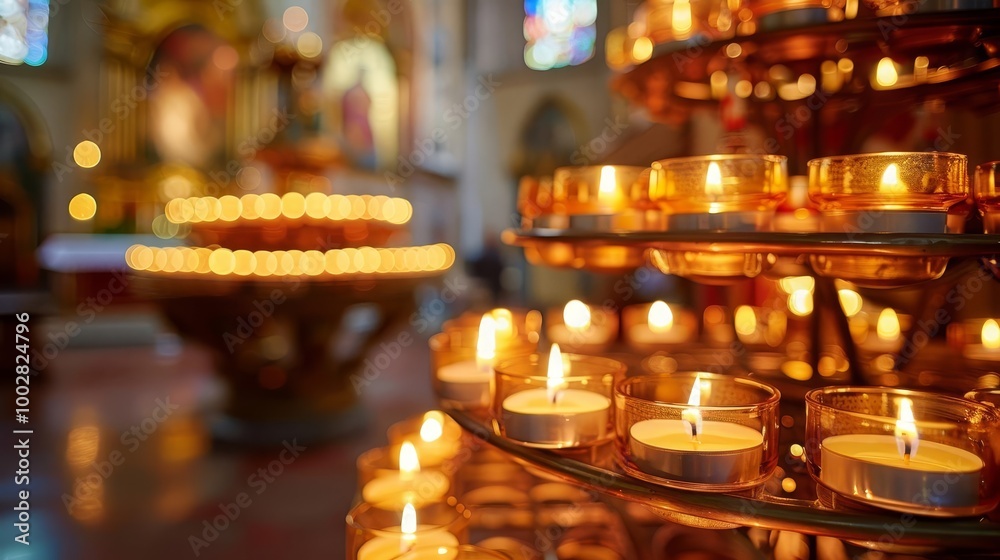 Rows of lit candles in a church, symbolizing faith and hope. Rows of lit candles in a church, symbolizing faith and hope.