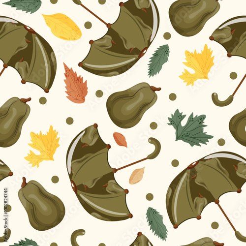 seamless autumn pattern with umbrellas with design of long green pumpkins, pumpkins and autumn leaves on white background, vector