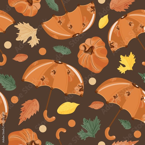 seamless autumn pattern with umbrellas with design of orange pumpkins, pumpkins and autumn leaves on brown background, vector	