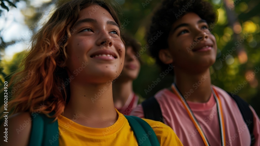 Obraz premium Group of diverse teenagers looking up with hopeful expressions.