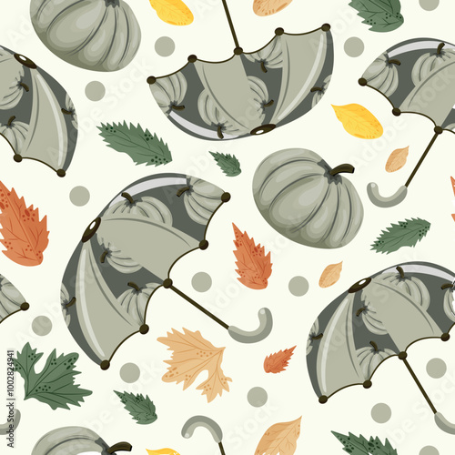 seamless autumn pattern with umbrellas with design of round green pumpkins, pumpkins and autumn leaves on white background, vector