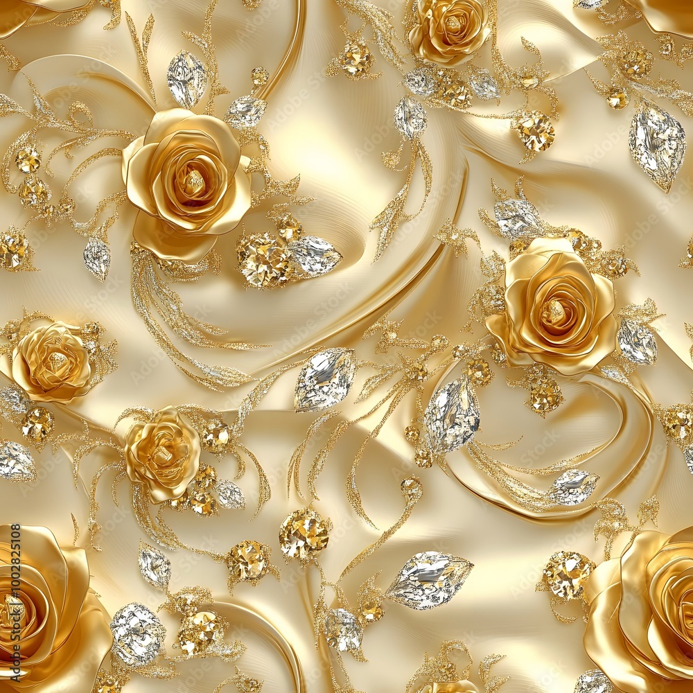 Luxurious Gold Roses and Gemstones 3D Seamless Pattern Design Luxurious Gold Roses and Gemstones 3D Seamless Pattern Design