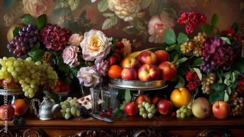 Still life of fruit, flowers, and silver serving dishes on a wooden table.