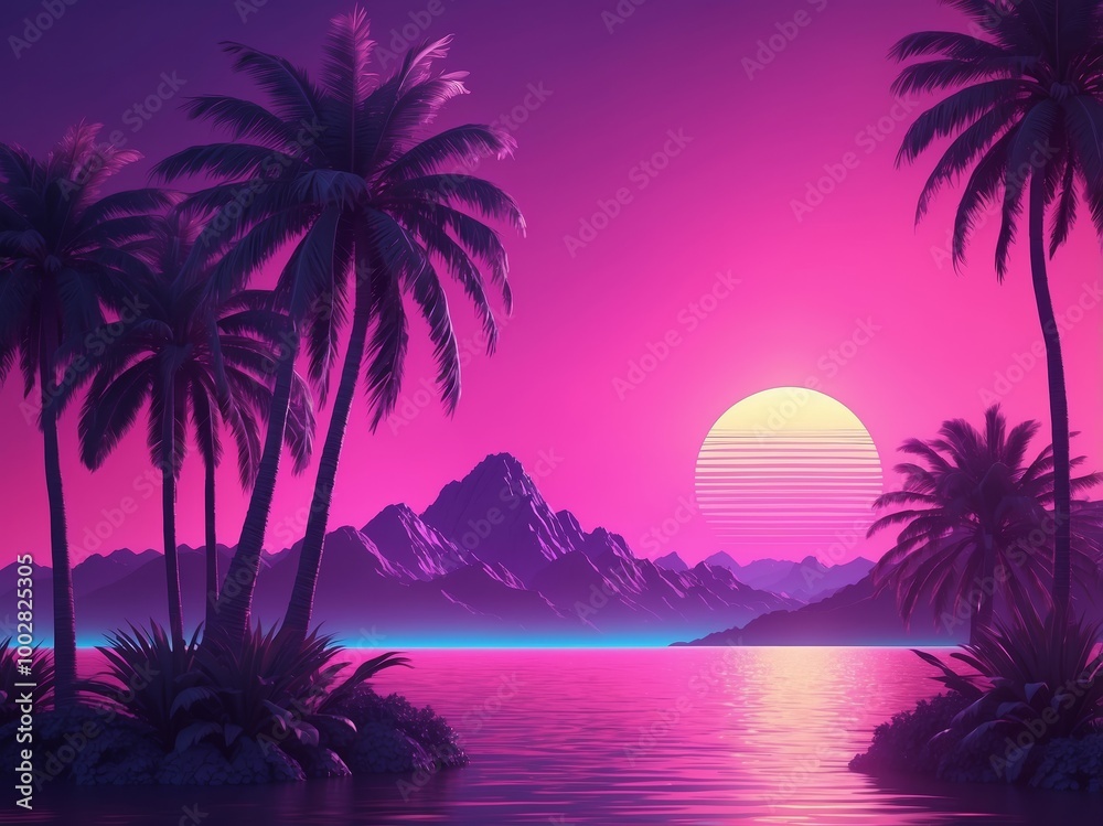 Naklejka premium Sunset Paradise: Tropical Dreamscape with Retro Sun