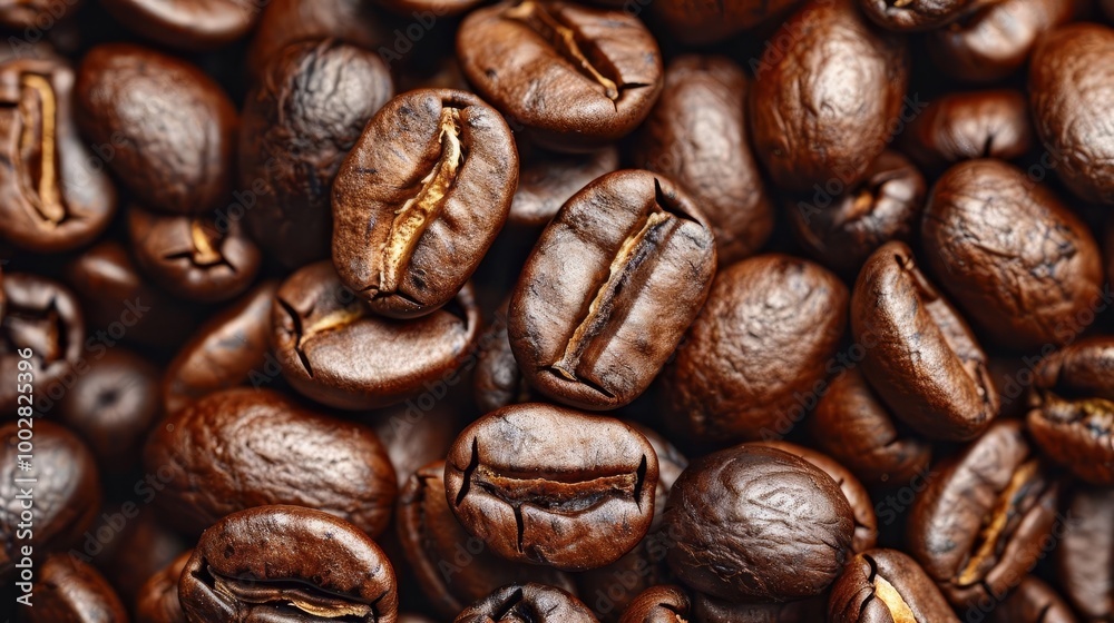 Close up of roasted coffee beans, brown, texture Close up of roasted coffee beans, brown, texture