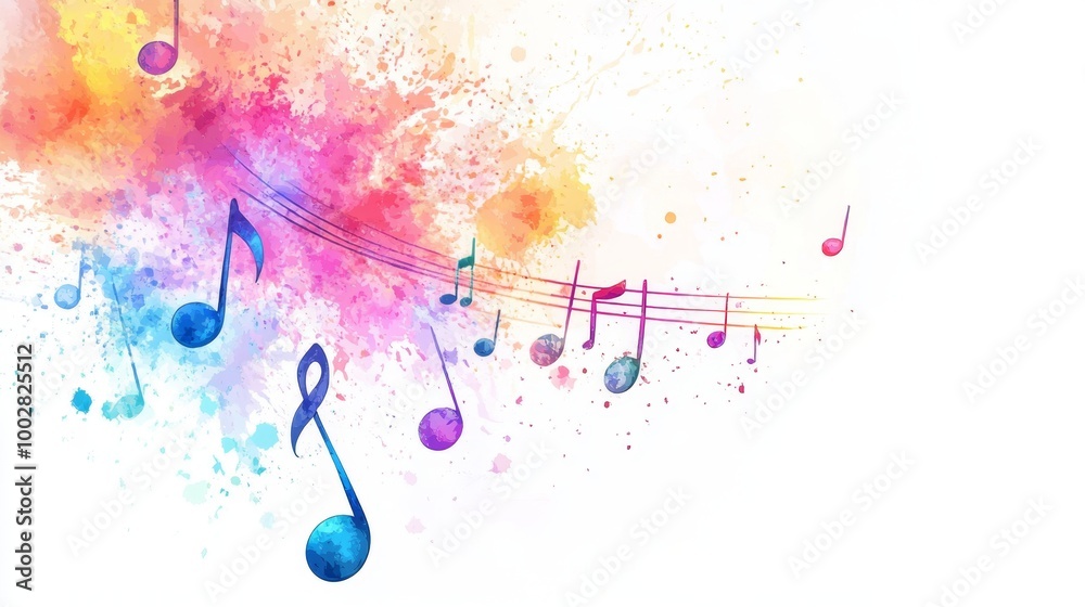 Fototapeta premium Colorful music notes and watercolor splashes on white for vibrant artistic poster designs