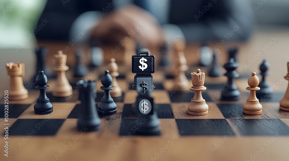 A chessboard with chess pieces shaped like business icons such as briefcases and dollar signs symbolizing the strategic nature of corporate competition financial planning A chessboard with chess pieces shaped like business icons such as briefcases and dollar signs symbolizing the strategic nature of corporate competition financial planning