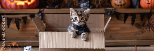 Cute kitten peeking out of a cardboard box with a Halloween backdrop.