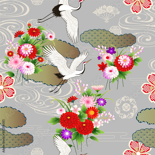 Spring Japanese background with fans and cranes	