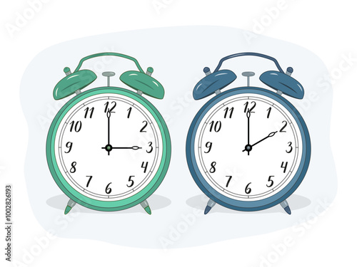 Illustration of two alarm clocks. The green one symbolizes summer, the blue one winter. Time adjustment symbol. Moving the hands backward from 3:00 to 2:00. Standard time and daylight saving time.