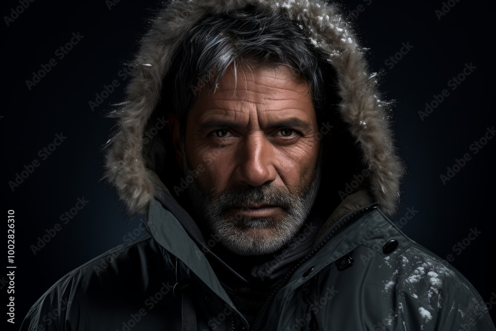 Portrait of a glad indian man in his 50s wearing a warm parka in front of bare monochromatic room Portrait of a glad indian man in his 50s wearing a warm parka in front of bare monochromatic room