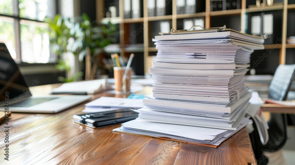 Stack of paper documents on a desk in an office Stack of paper documents on a desk in an office