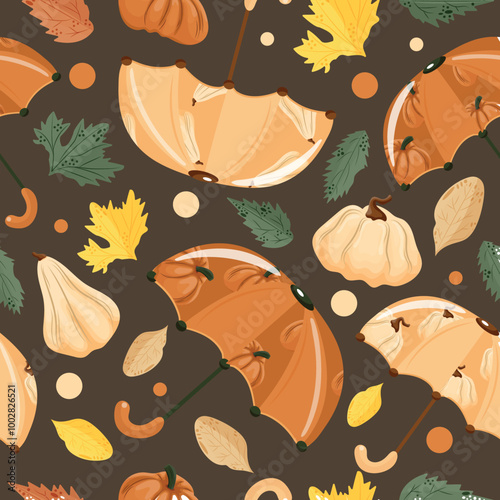 seamless autumn pattern with umbrellas with design of long white pumpkins and orange round pumkins, pumpkins and autumn leaves on brown background, vector