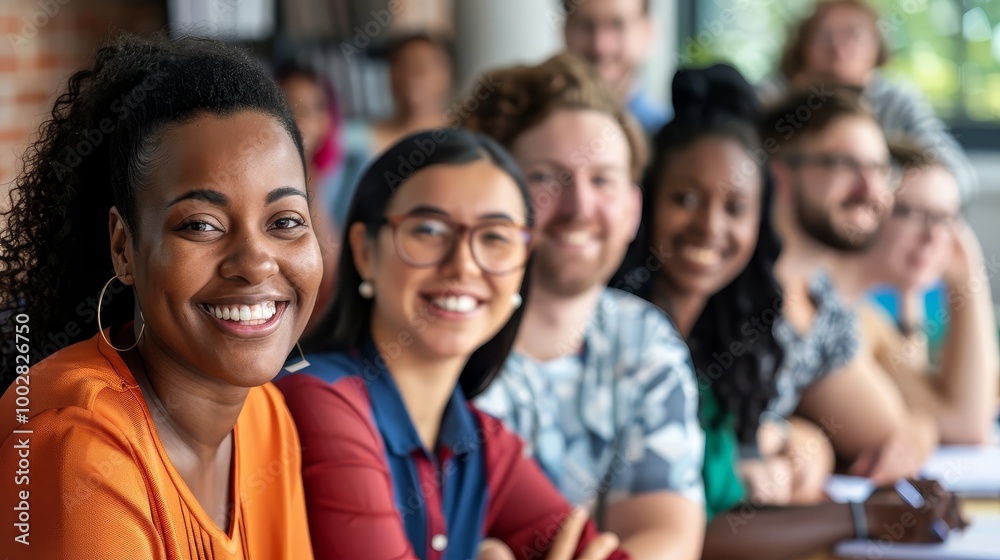 Diverse group of smiling people sitting in a row.