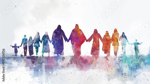 Digital watercolor painting of people holding hands with Jesus Christ, symbolizing unity and faith