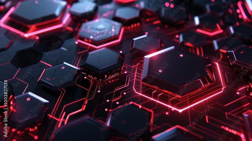 Abstract red and black hexagon pattern with glowing lines. Abstract red and black hexagon pattern with glowing lines.