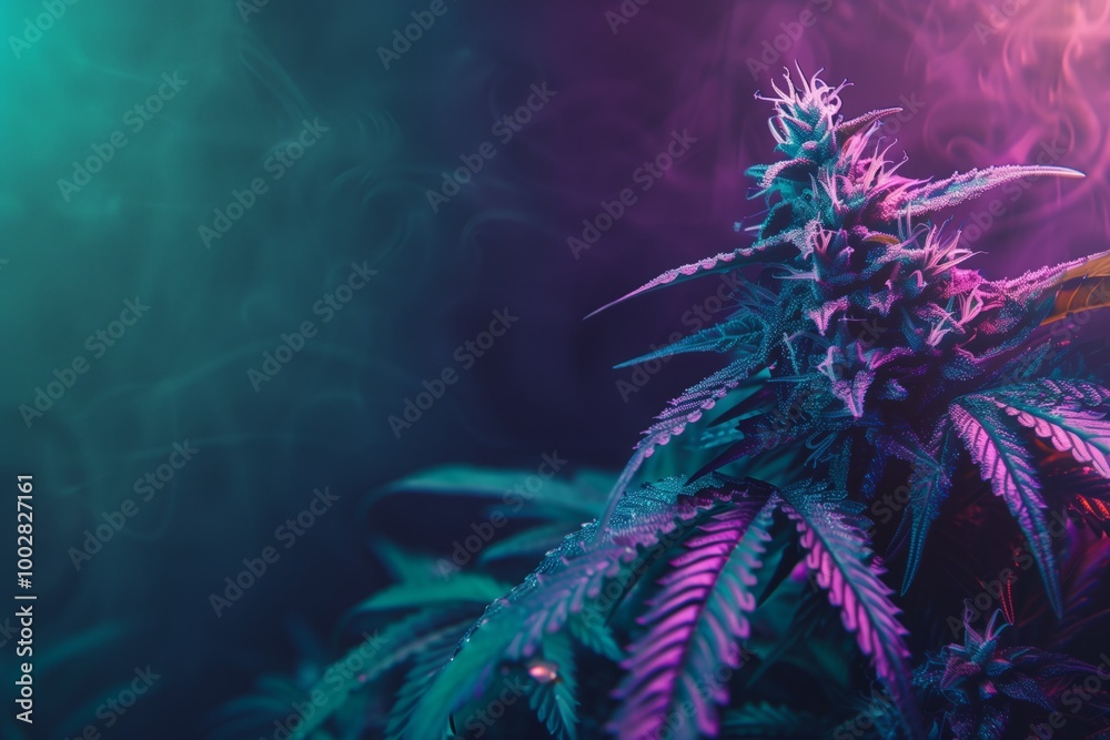 A purple and blue marijuana plant with a purple smoke in the background A purple and blue marijuana plant with a purple smoke in the background