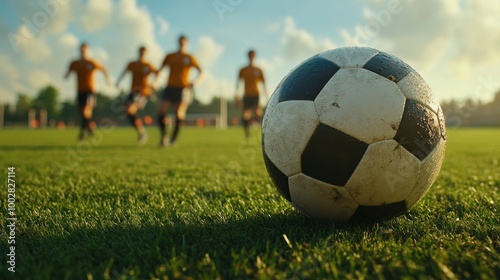 Dynamic shot of a soccer ball being passed between players, showcasing teamwork and coordination on the field.