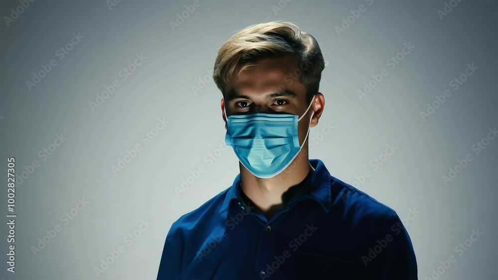 Young man with short blonde hair wearing a blue mask, standing against a neutral background with a serious expression, evoking themes of the pandemic and health protection Young man with short blonde hair wearing a blue mask, standing against a neutral background with a serious expression, evoking themes of the pandemic and health protection
