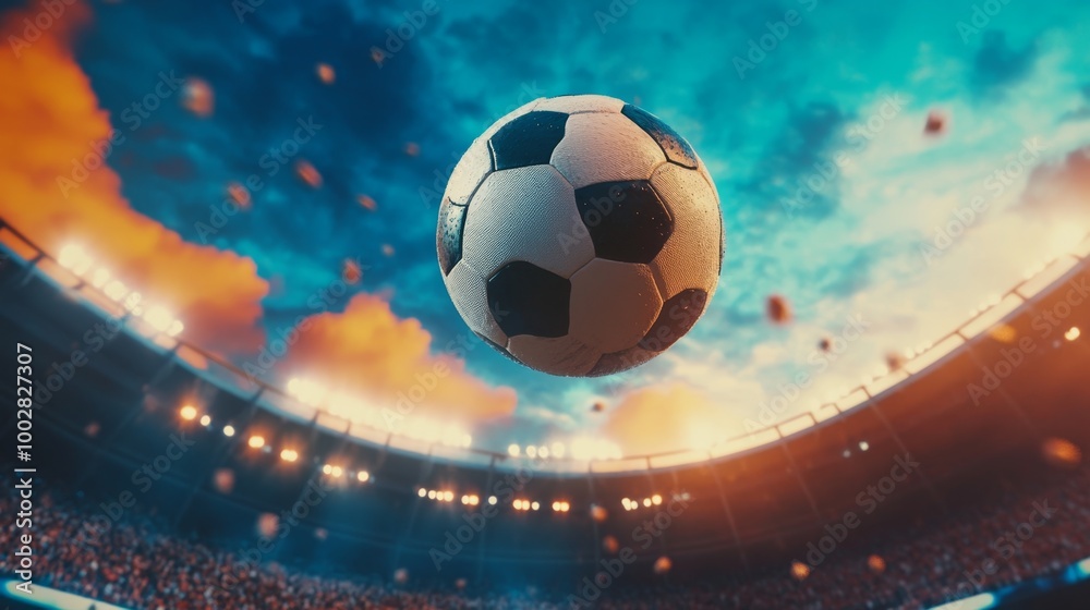 Naklejka premium Dynamic shot of a soccer ball mid-flight, frozen against the backdrop of a vibrant stadium atmosphere.