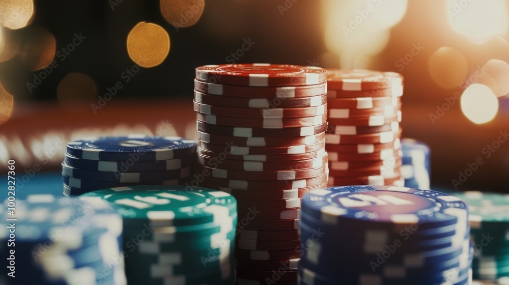 Dynamic shot of poker chips being stacked into a tower, illustrating ambition and strategy in competitive gaming. Dynamic shot of poker chips being stacked into a tower, illustrating ambition and strategy in competitive gaming.