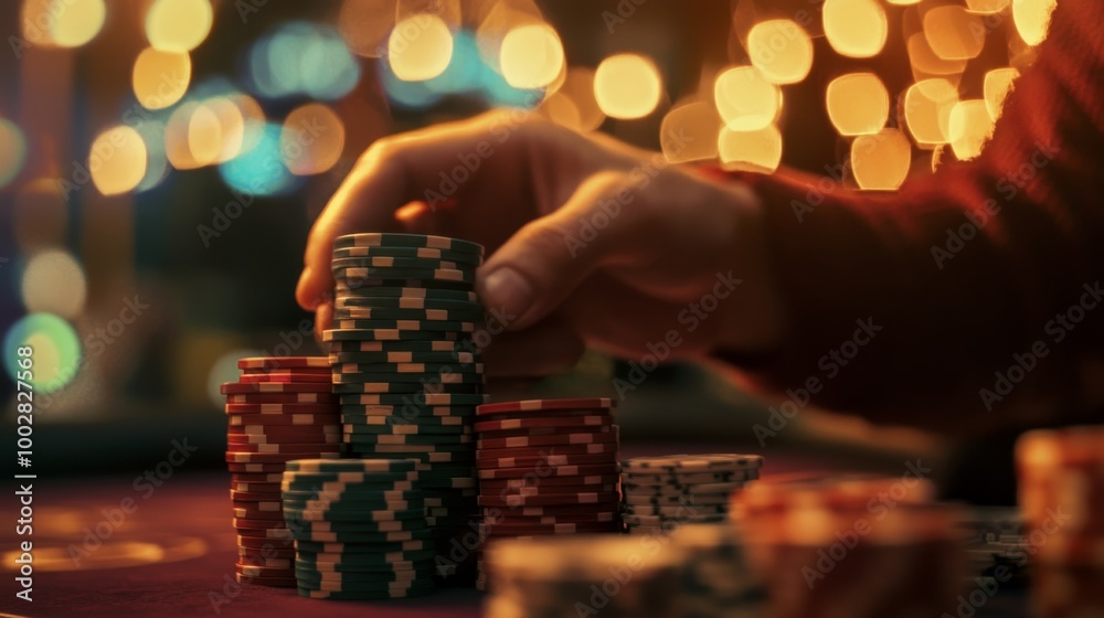 Dynamic shot of poker chips being stacked into a tower, illustrating ambition and strategy in competitive gaming. Dynamic shot of poker chips being stacked into a tower, illustrating ambition and strategy in competitive gaming.