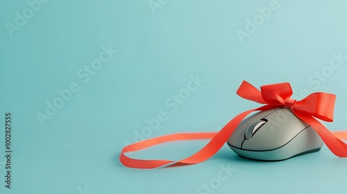 A computer mouse with a ribbon wrapped around it symbolizing the joy and anticipation of finding great online bargains during the Cyber Monday shopping event photo