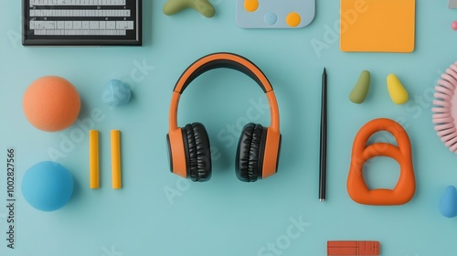 A collection of sensory friendly tools such as noise canceling headphones stress balls and fidget toys neatly arranged on a desk photo