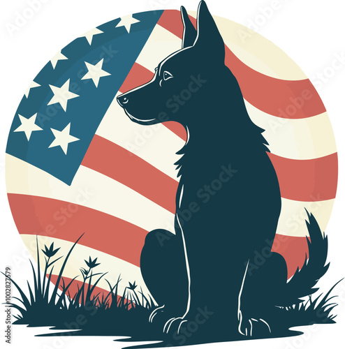 A dog silhouette sitting in front of an American flag backdrop