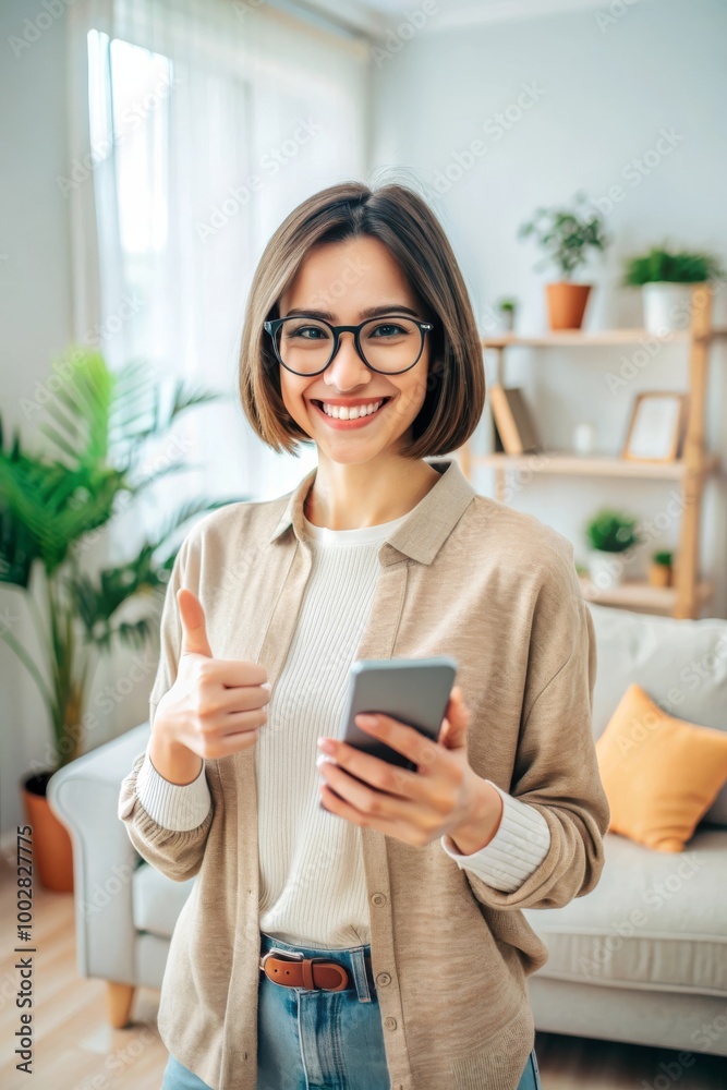 Woman Using a Smartphone with an OK Pose, Smiling Happily Woman Using a Smartphone with an OK Pose, Smiling Happily