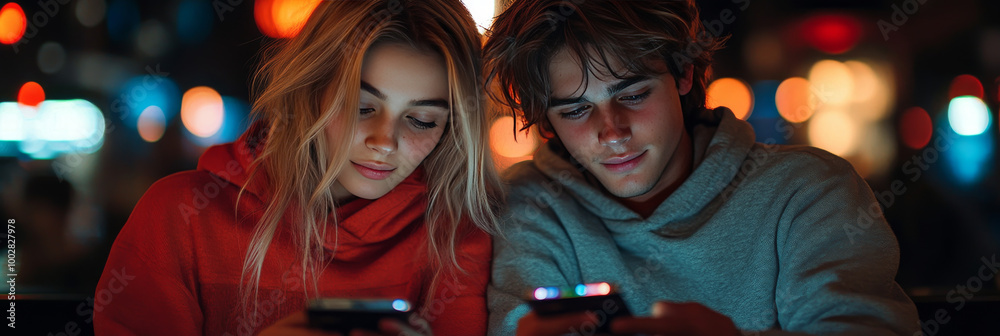 Young couple using their phones at night. Young couple using their phones at night.