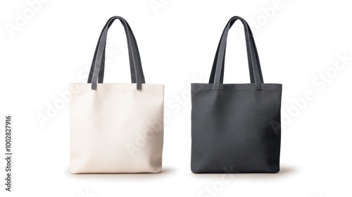 Two elegant tote bags, one in white and one in black, featuring textured fabric and sturdy handles, perfect for stylish everyday use. photo