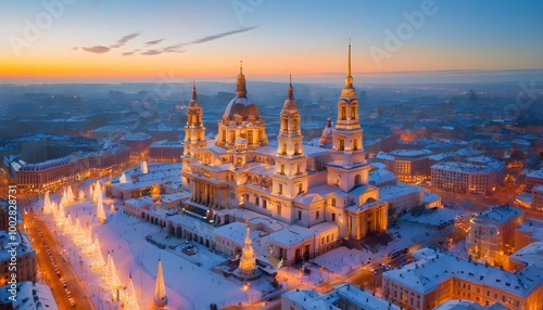 Majestic St. Alexander Nevsky Cathedral at sunset, illuminated by golden hues, with a stunning cityscape of Sofia, Bulgaria in the background.