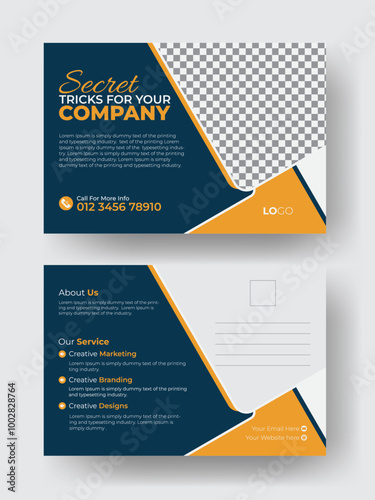 Corporate style modern stylish idea business postcard EDDM template design two creative solid colorful background business postcard design for your business. Corporate business postcard design.
