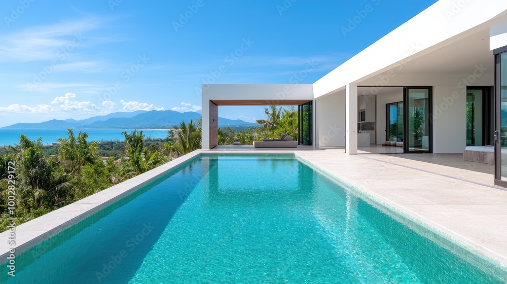 Fototapeta premium A modern villa features a stunning infinity pool, overlooking lush greenery and a vibrant sea under a clear blue sky.