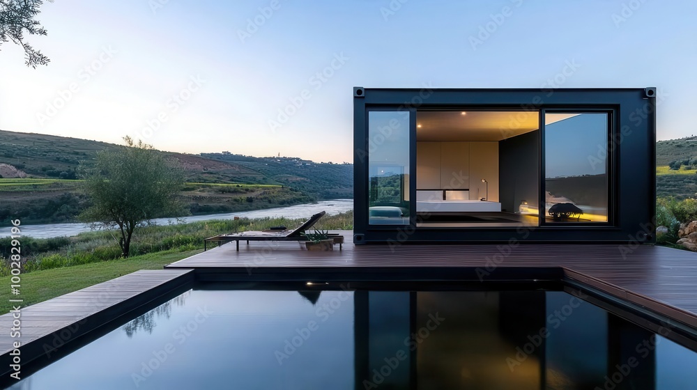 Fototapeta premium Compact container bathroom exterior with dark metal siding, open-air design, and view of a quiet valley