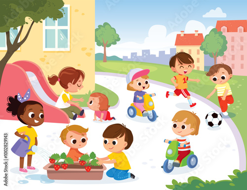 Children playing in the school yard. Playground. Kids planting a strawberry, girl is pouring watering plants. Boys ad girls playing on a playground spending time in games, having fun, fooling around. 
