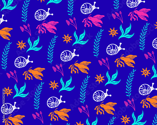 A vibrant and whimsical pattern featuring snails, flowers, and leaves on a deep blue background. The illustration combines organic shapes with bold colors, creating a playful and eye-catching design.