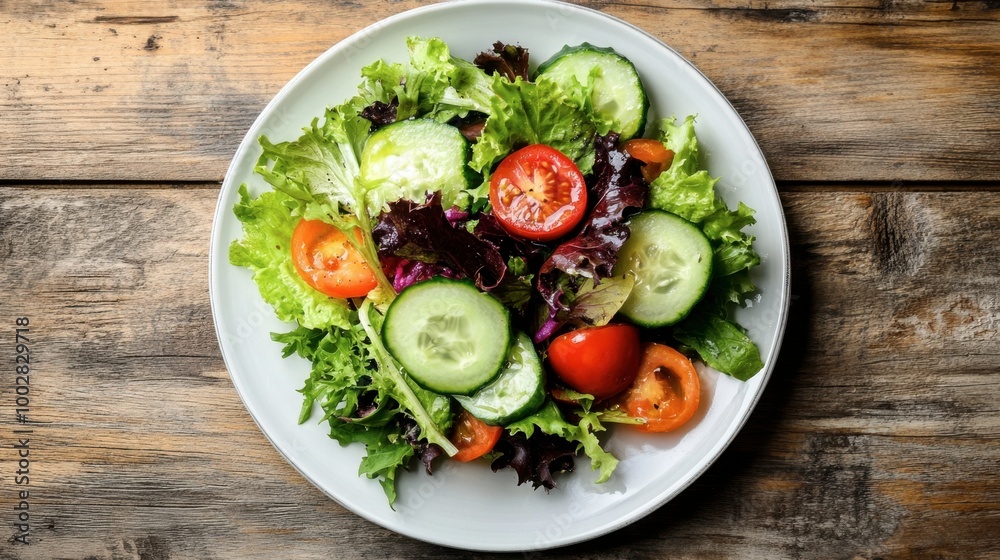 Top view of a white plate with a colorful salad, including mixed greens, tomatoes, and cucumbers, on a wooden table. Top view of a white plate with a colorful salad, including mixed greens, tomatoes, and cucumbers, on a wooden table.