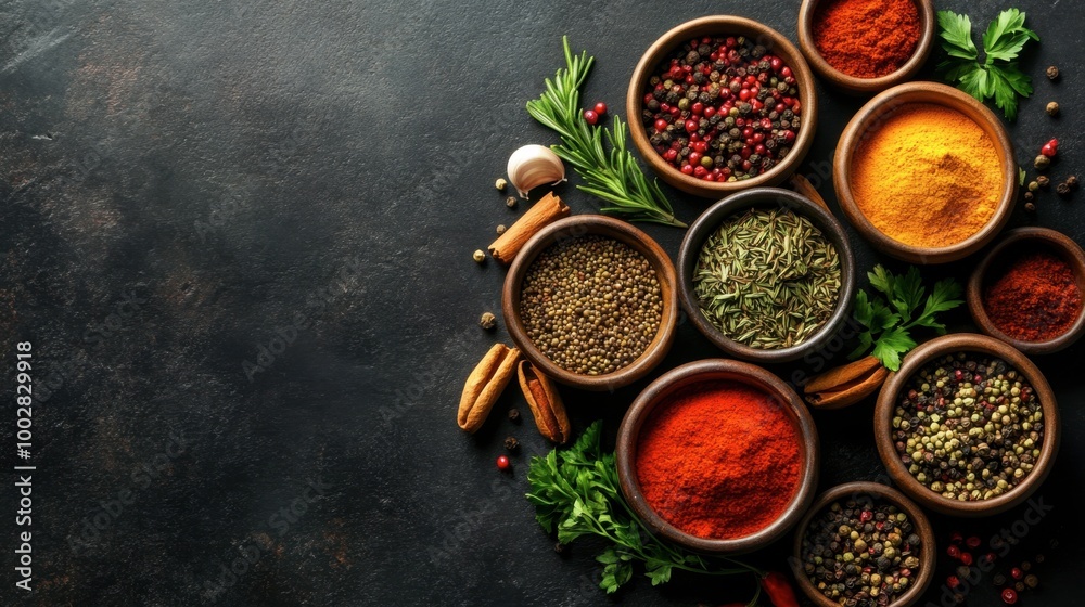 Top view of assorted spices and herbs in small bowls on a dark background. Copy space. Top view of assorted spices and herbs in small bowls on a dark background. Copy space.