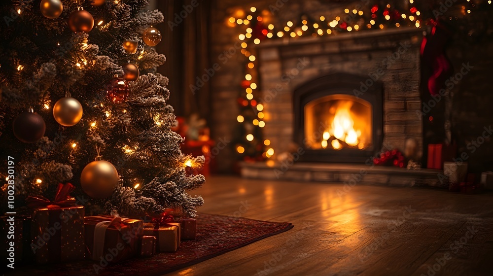 Cozy and Inviting Christmas Tree Backdrop Featuring a Warm Fireplace Soft Lighting and Festive Ornaments Creating a Magical and Intimate Holiday Atmosphere Cozy and Inviting Christmas Tree Backdrop Featuring a Warm Fireplace Soft Lighting and Festive Ornaments Creating a Magical and Intimate Holiday Atmosphere