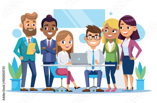Smiling business team gathering around a female colleague using laptop
